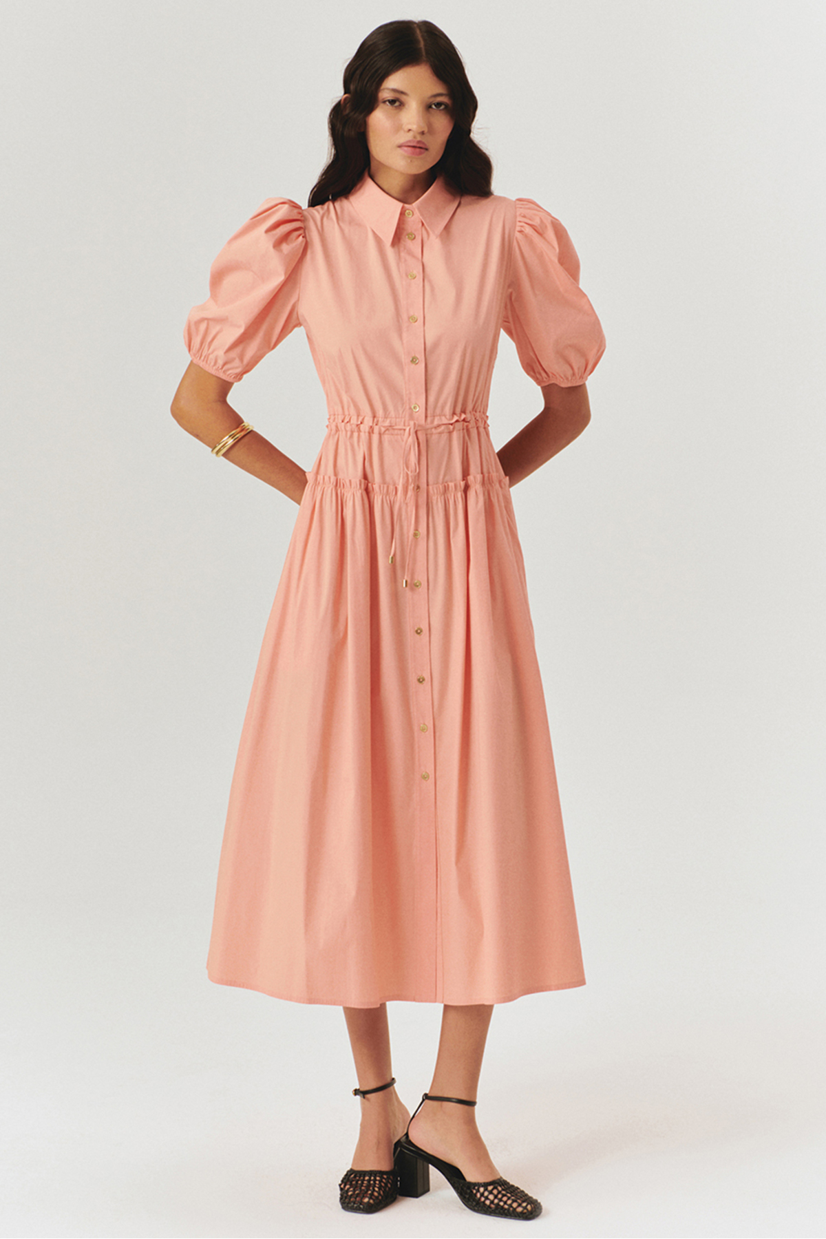 Exquise Balloon Sleeves Waist Seat Salmon Midi Length Shirt Dress