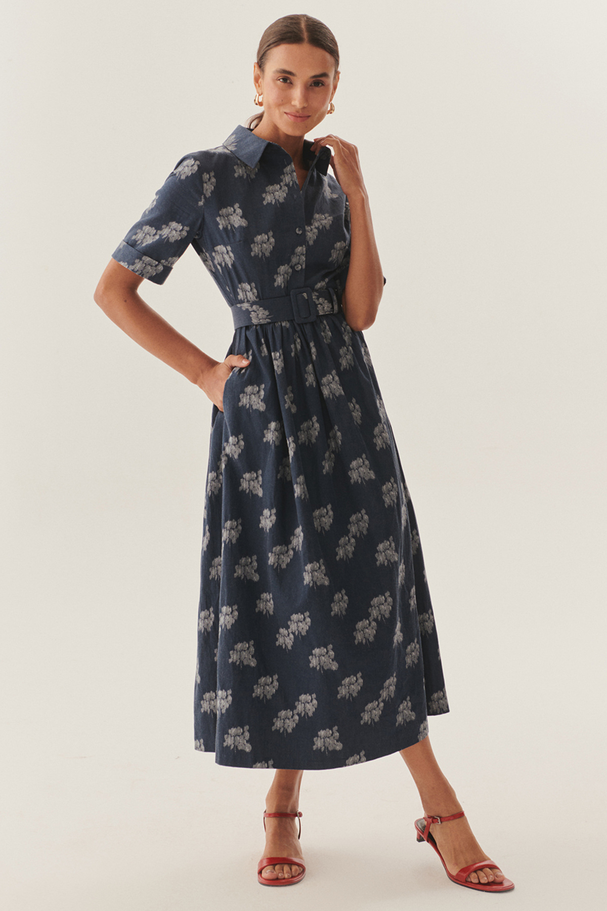 Exquise-Patterned Cotton Regular Midi Dress with Belt Detail 1