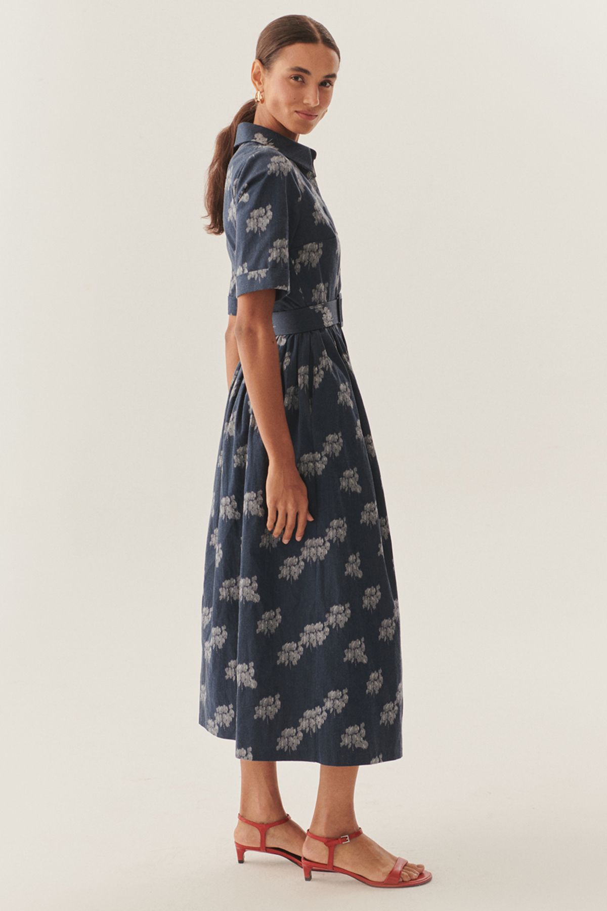 Exquise-Patterned Cotton Regular Midi Dress with Belt Detail 3