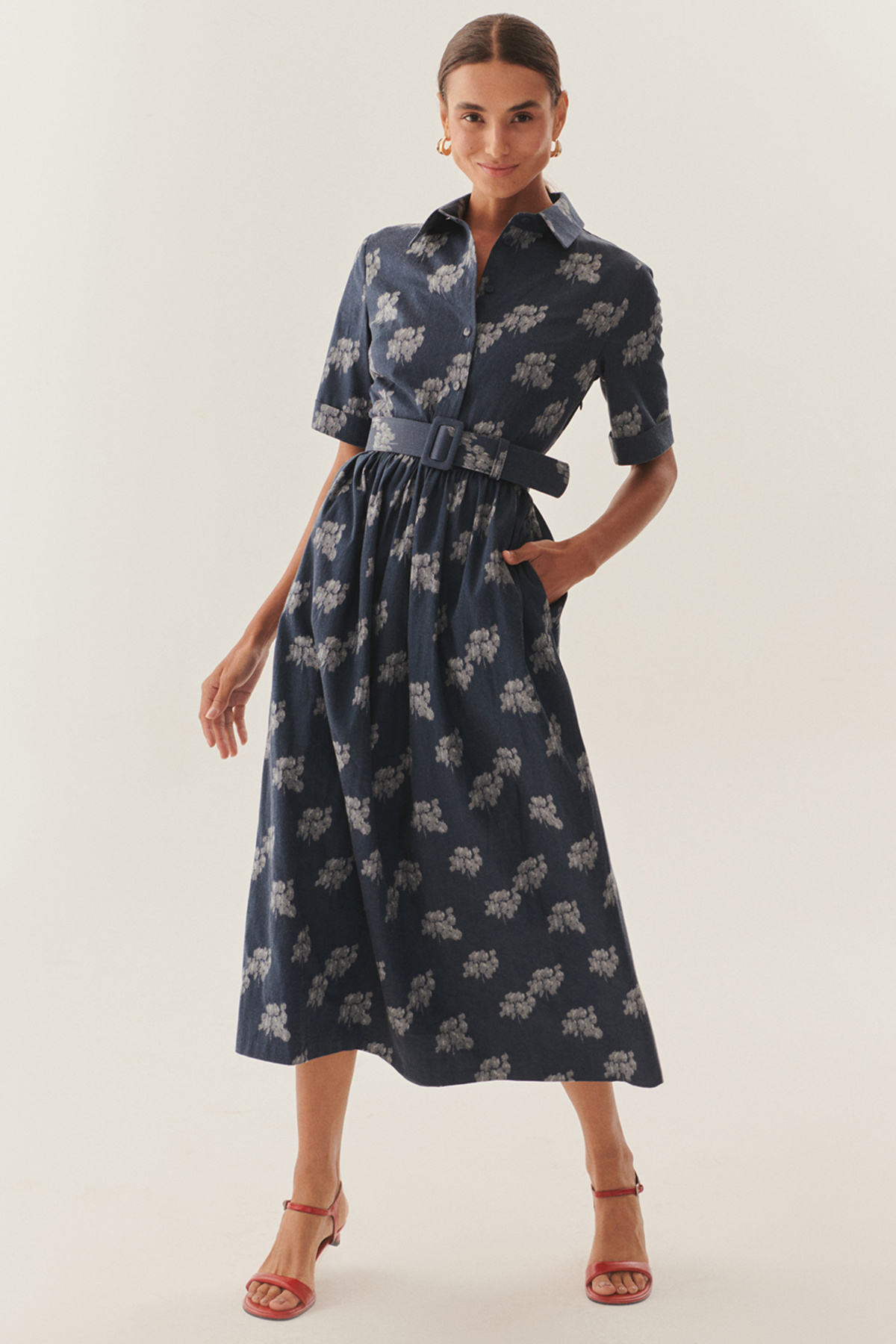 Exquise-Patterned Cotton Regular Midi Dress with Belt Detail 2