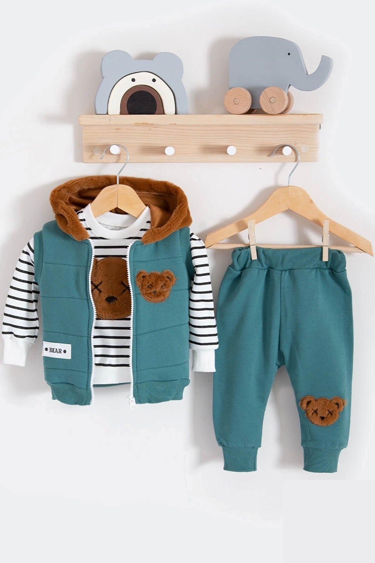 Babydonat Peluş Ayıcık Desenli Kapişonlu 3'lü Erkek Bebek Takımı fotoğrafı 2 (önizleme)