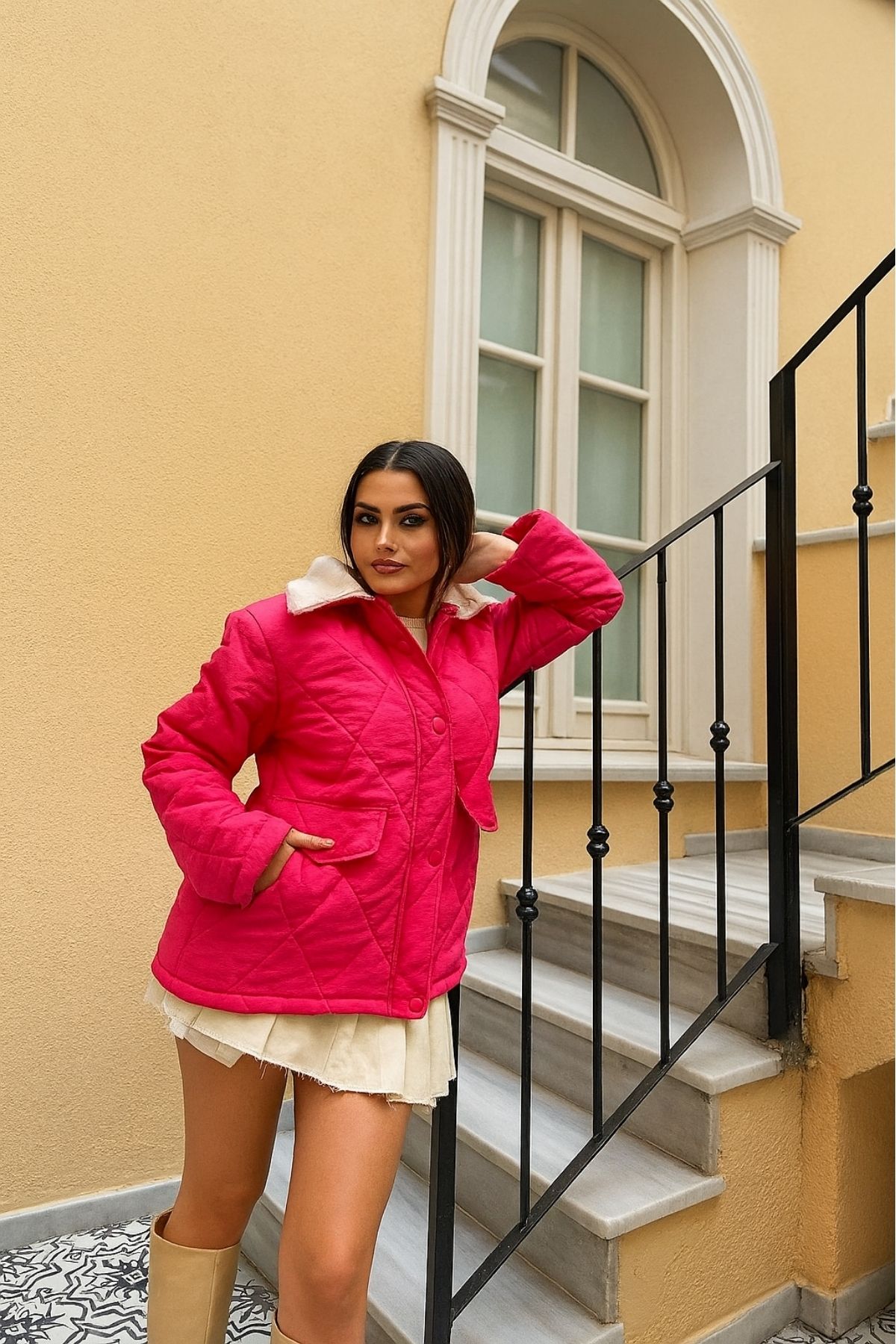 comstar-Jachetă de damă cu guler de blană cu model Argyle matlasat fucsia 4