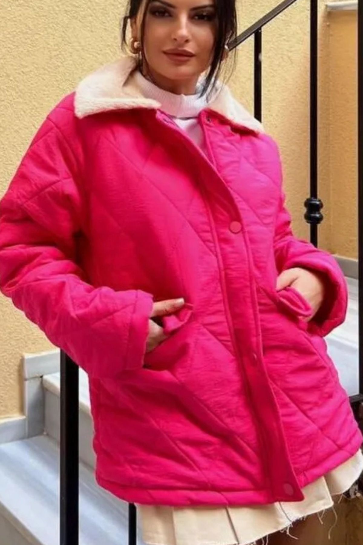 comstar-Jachetă de damă cu guler de blană cu model Argyle matlasat fucsia 3