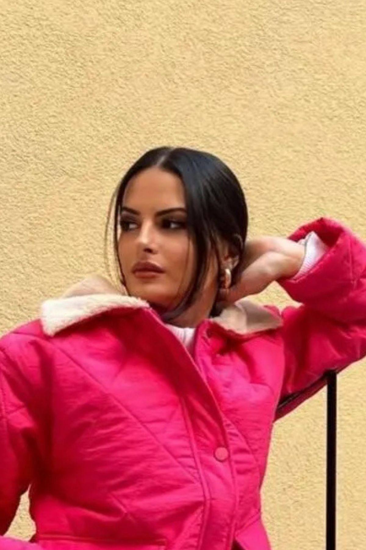 comstar-Jachetă de damă cu guler de blană cu model Argyle matlasat fucsia 6