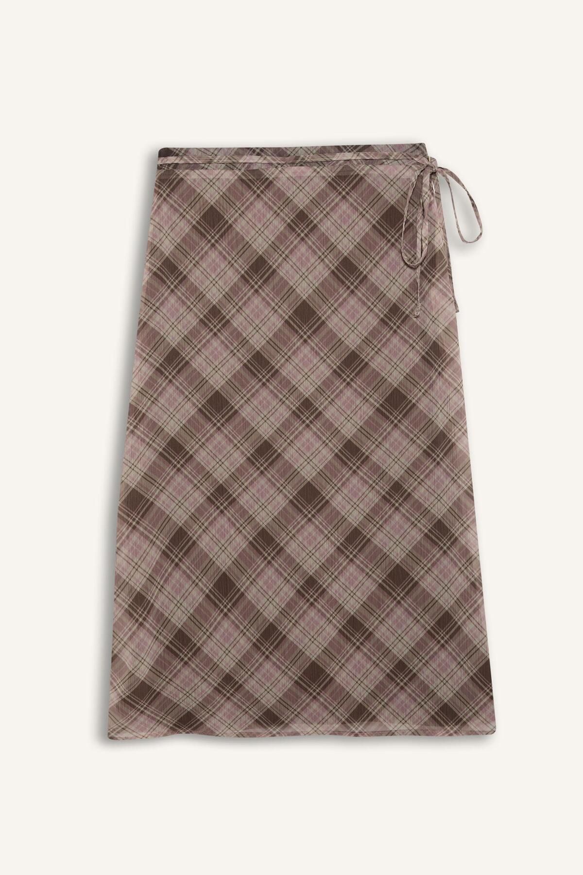 DeFacto-A-Line Checked Chiffon Midi Skirt - Regular Waist Combed Cotton Lined E7589Ax25Sp 7