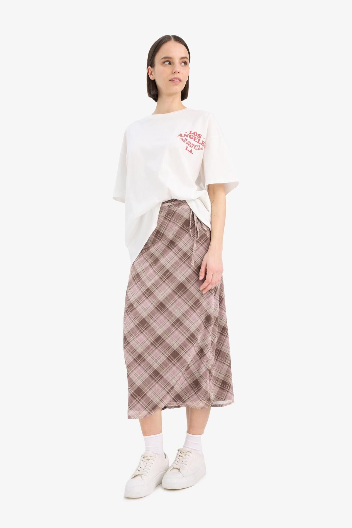 DeFacto-A-Line Checked Chiffon Midi Skirt - Regular Waist Combed Cotton Lined E7589Ax25Sp 2