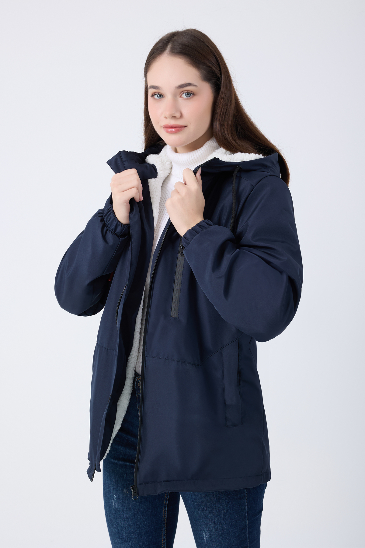 freemen  Spor Kadın Lacivert Kürklü Su Ve Rüzgar Geçirmez Kapüşonlu Mont & Kaban & Parka - Görsel 3