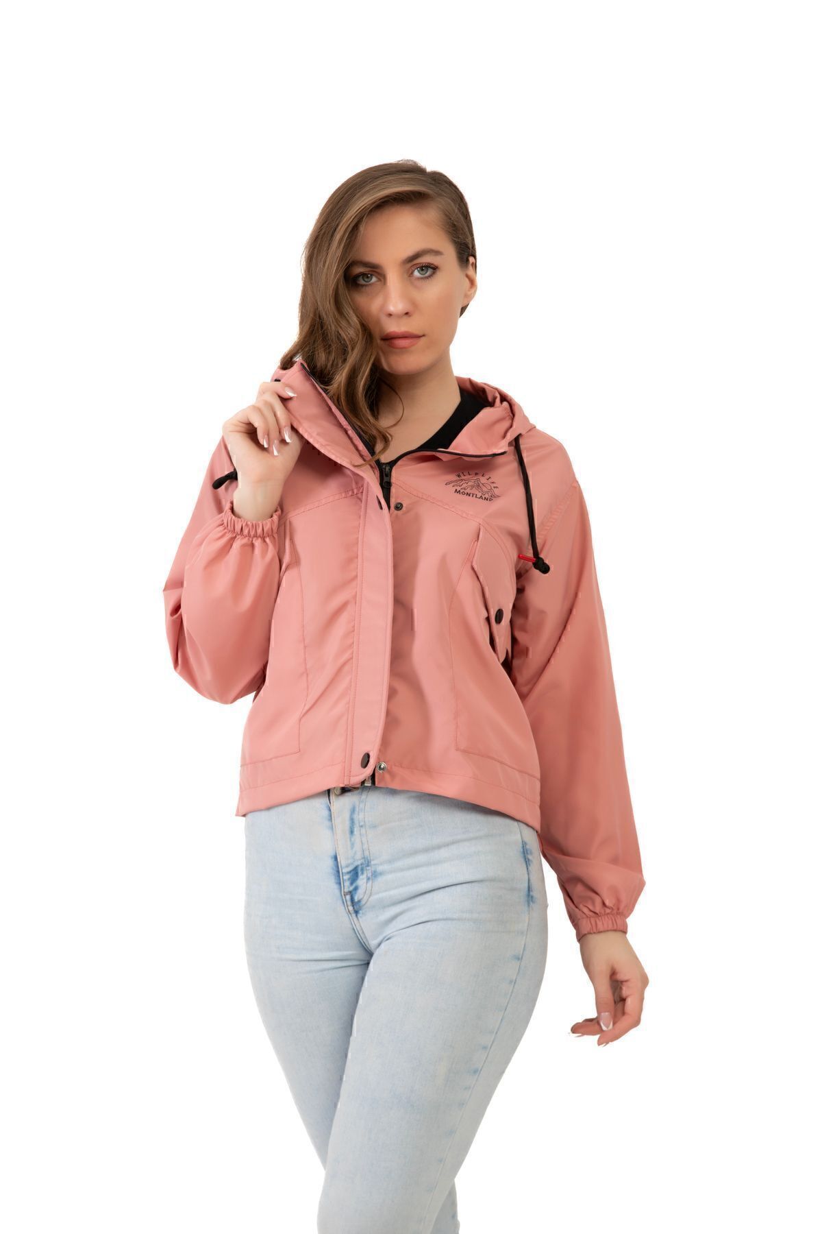 freemen  Kadın Pudra Su Geçirmez Ve Rüzgara Dayanıklı Kapüşonlu Çıt Çıtlı Mevsimlik Yağmurluk