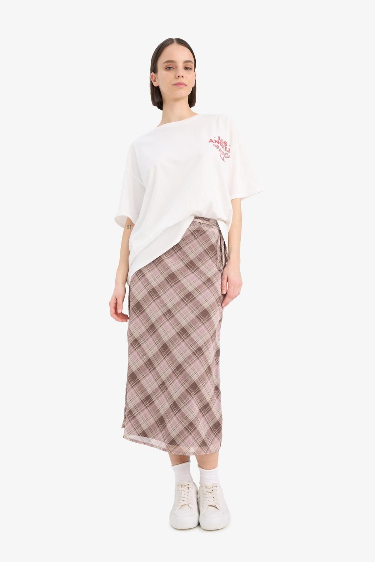 DeFacto-A-Line Checked Chiffon Midi Skirt - Regular Waist Combed Cotton Lined E7589Ax25Sp 4