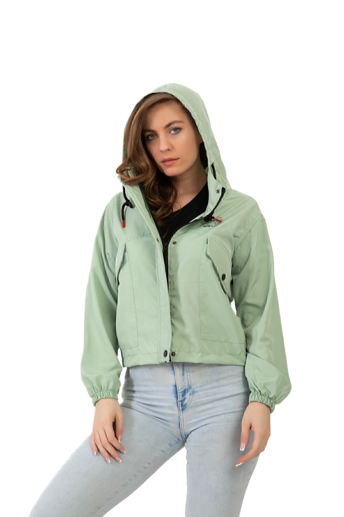 freemen  Kadın Su Yeşili Su Geçirmez Ve Rüzgara Dayanıklı Kapüşonlu Çıt Çıtlı Mevsimlik Yağmurluk - Görsel 3