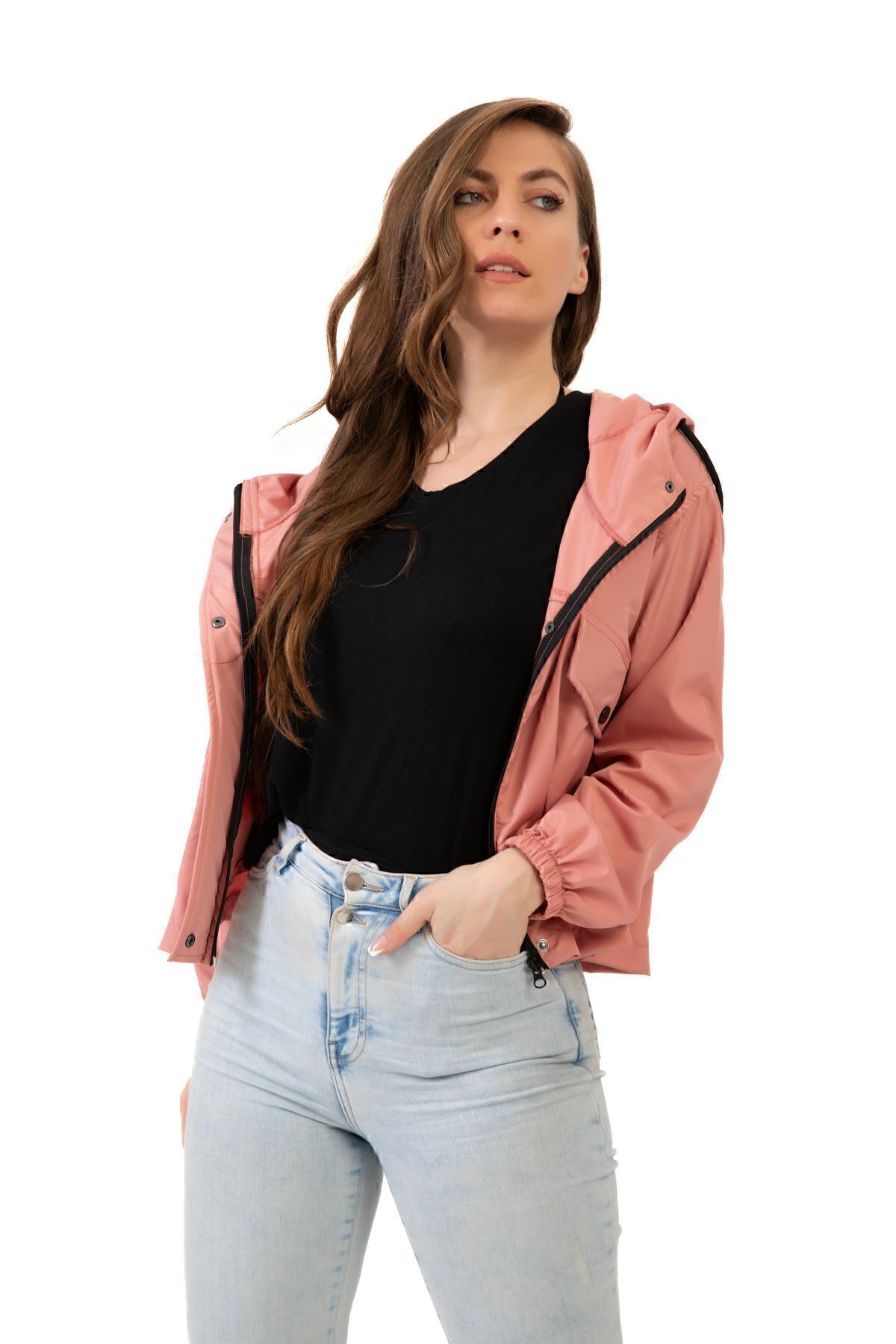 freemen  Kadın Pudra Su Geçirmez Ve Rüzgara Dayanıklı Kapüşonlu Çıt Çıtlı Mevsimlik Yağmurluk - Görsel 2