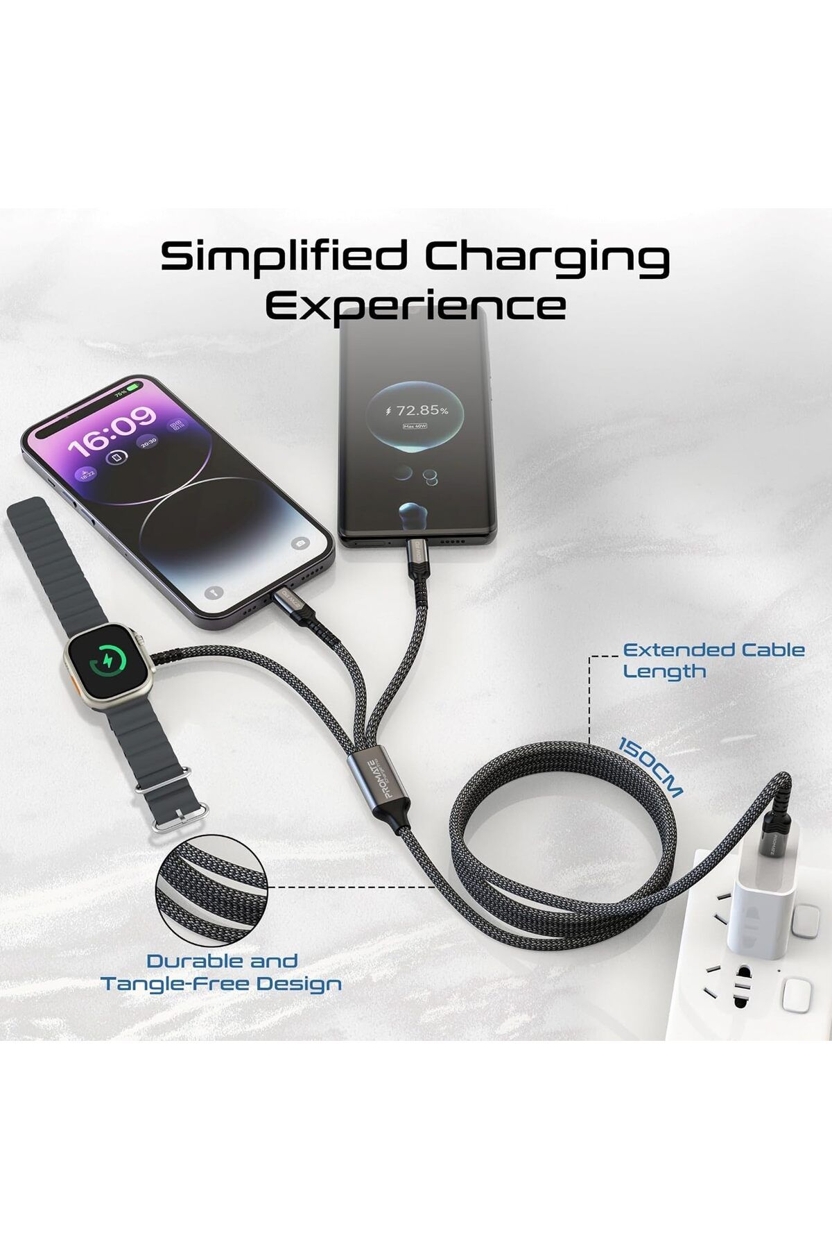 Promate-3-in-1 Multiple Charging Cable, Ultra-Fast 60W USB-C™ to USB-C™, 27W Lightning Connector 5