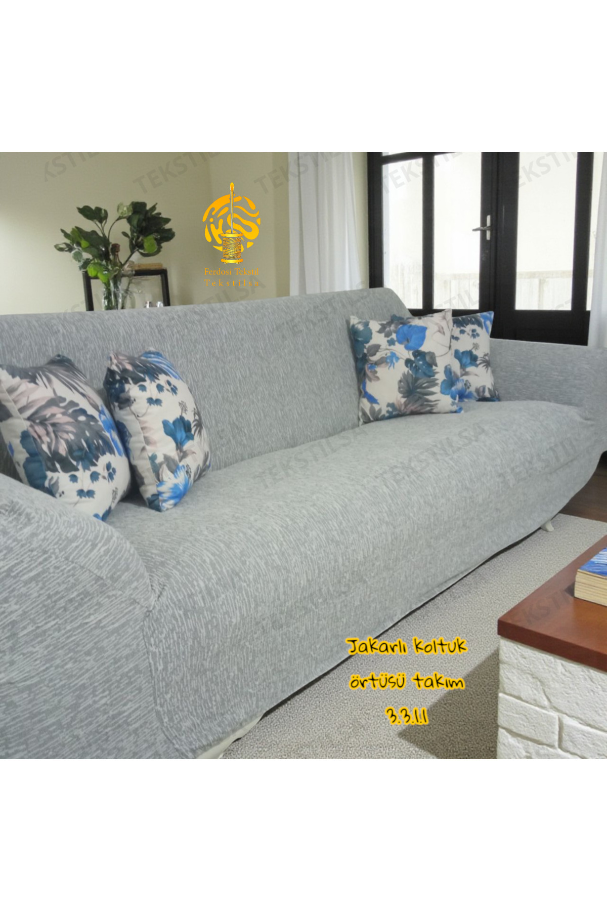 Tekstilsa-Jacquard 3 3 1 1 Husă de canapea elastică gri piatră |   Husa scaunului elastic |   Set husă scaun Teş 1