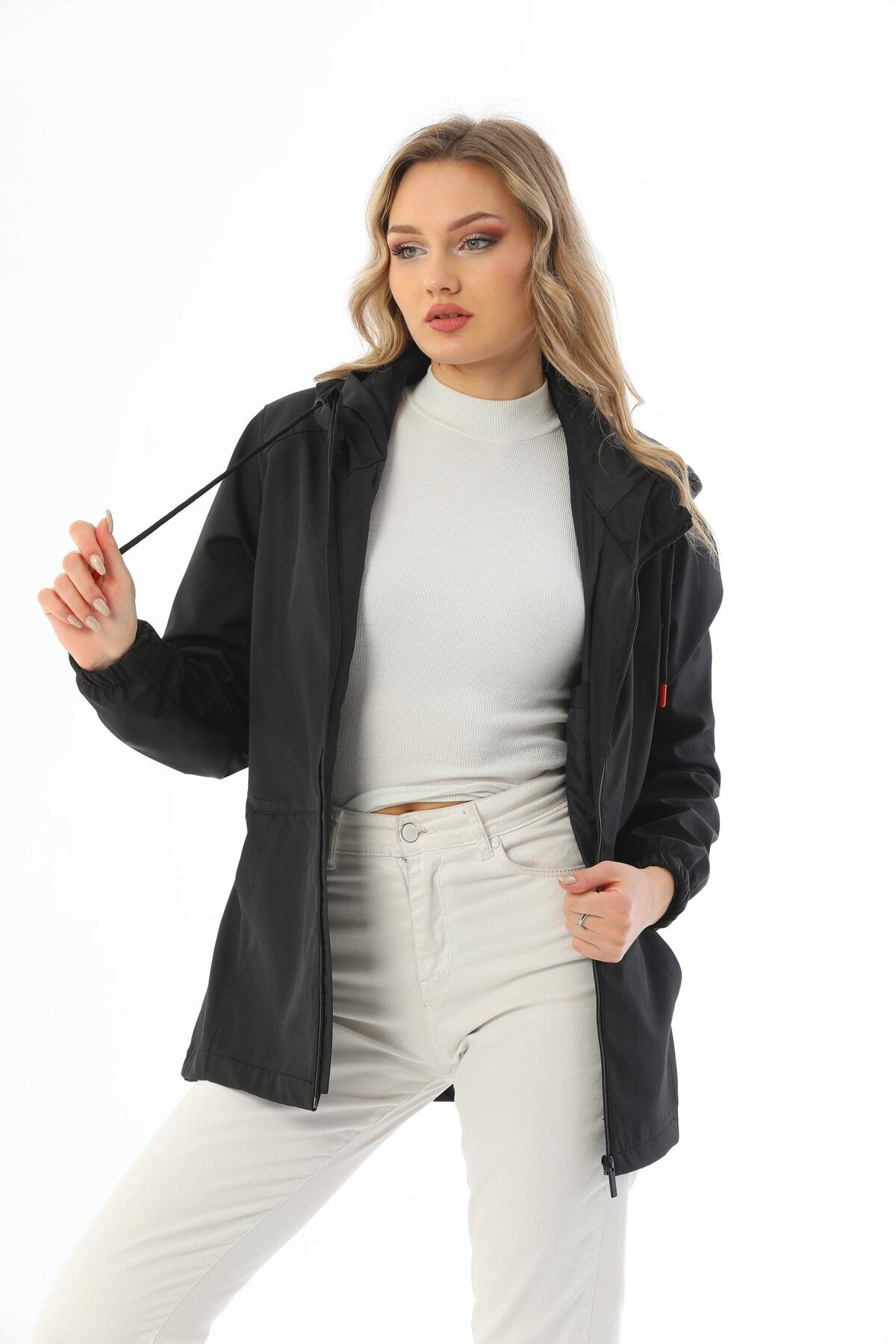 First Steps  Kadın Siyah Içi Astarlı Su Geçirmez Ve Rüzgara Dayanıklı Kapüşonlu Yağmurluk - Rüzgarlık - Görsel 5