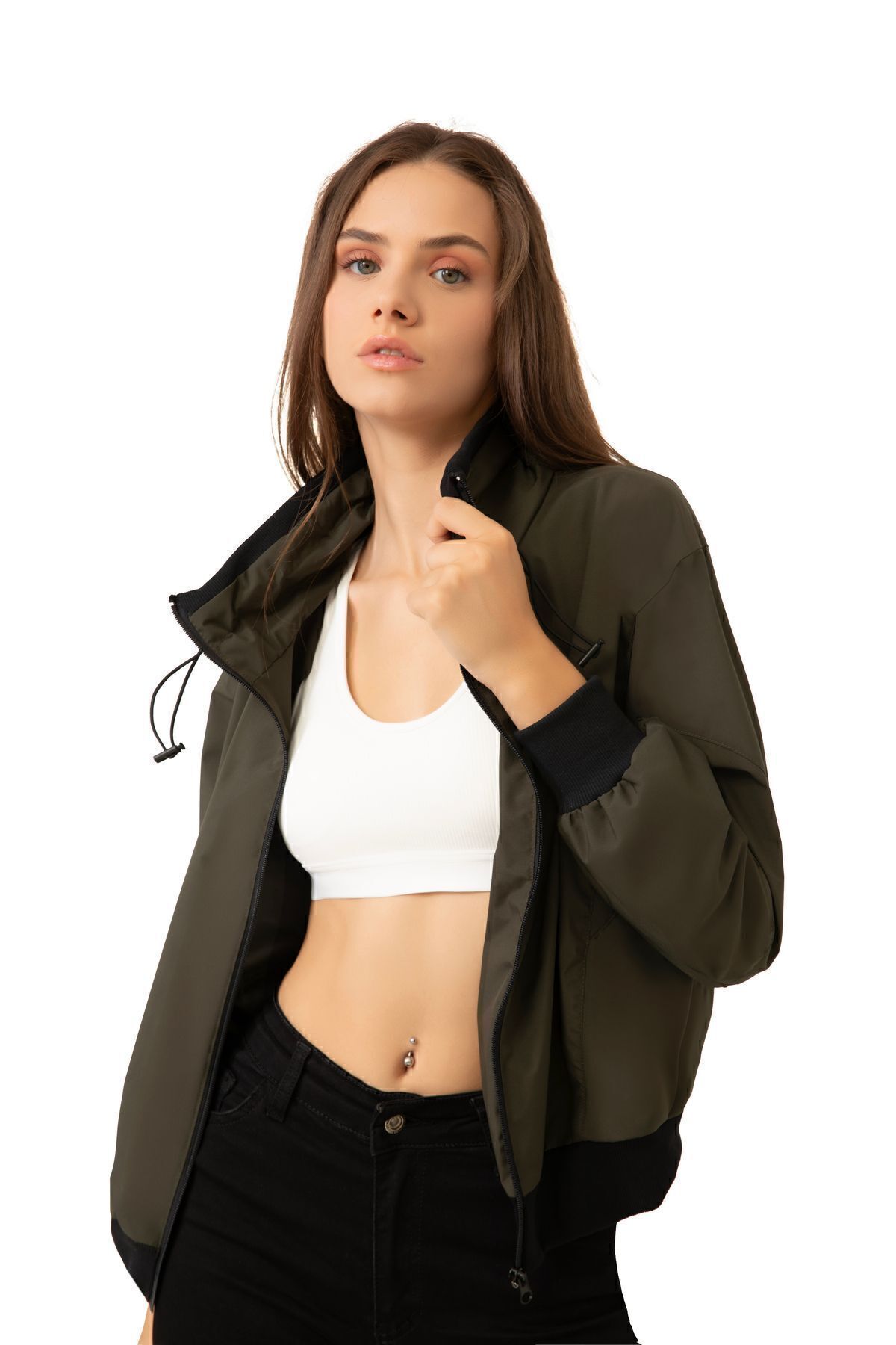 Montland  Kadın Haki Dik Yaka Su ve Rüzgar Geçirmez Oversize Crop Mevsimlik Yağmurluk Rüzgarlık - Görsel 3