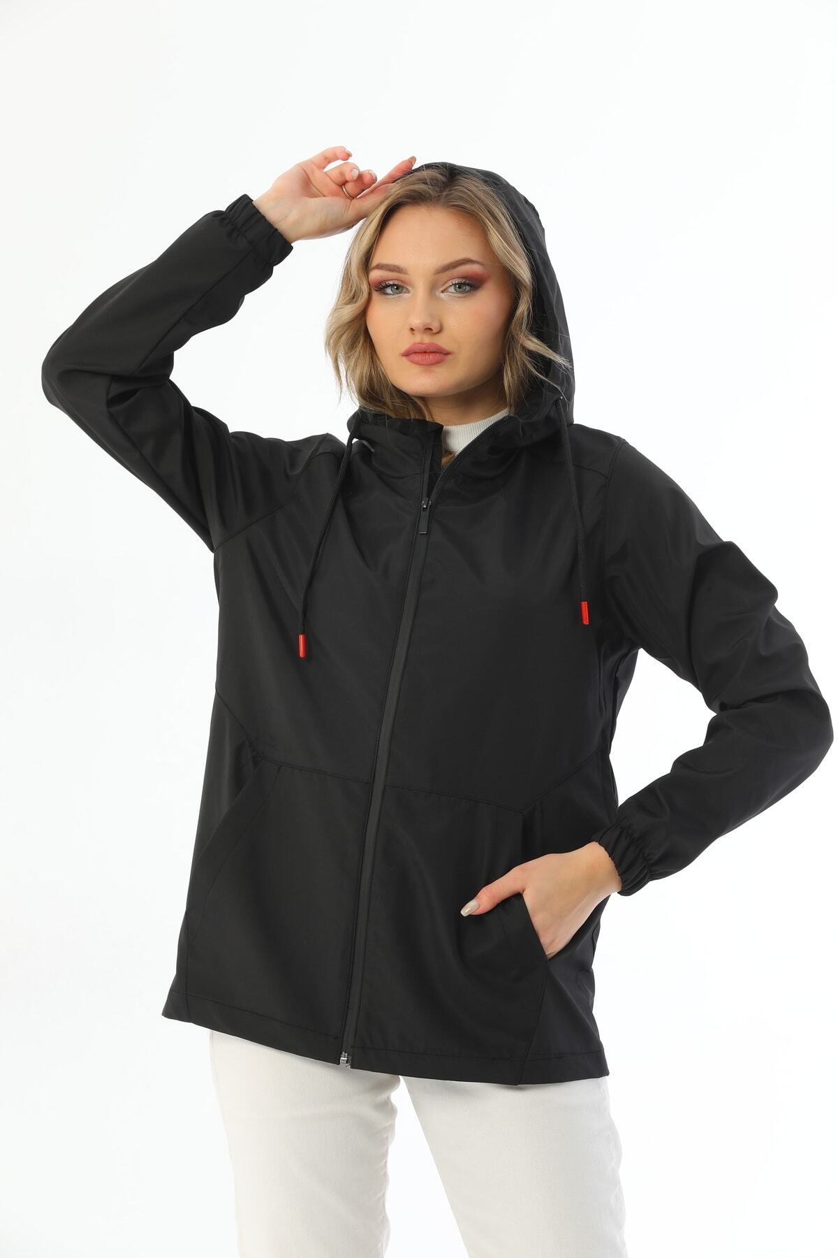 First Steps  Kadın Siyah Içi Astarlı Su Geçirmez Ve Rüzgara Dayanıklı Kapüşonlu Yağmurluk - Rüzgarlık - Görsel 3