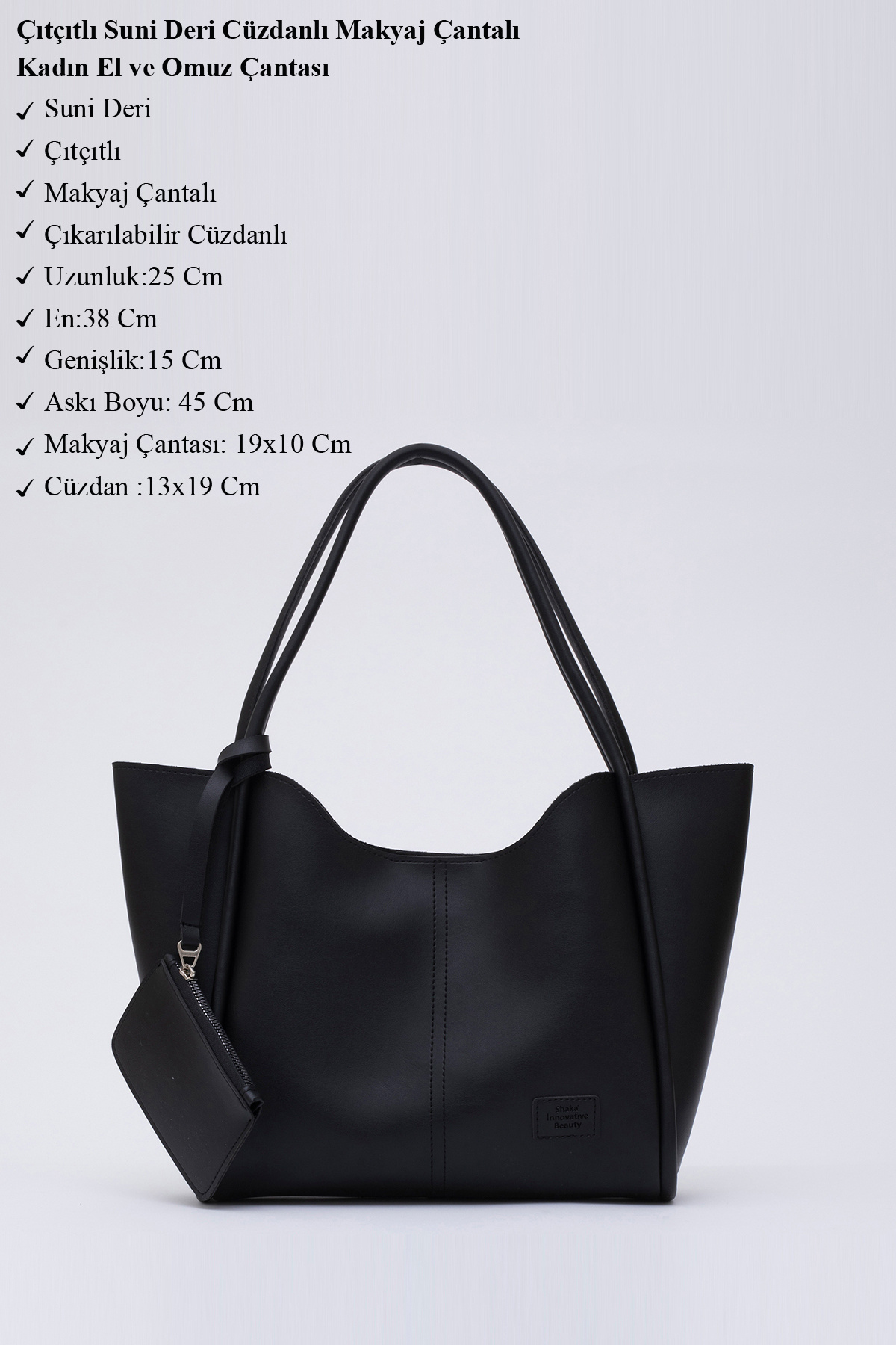 SHAKA Μαύρη Shk108 Γυναικεία τσάντα χειρός και ώμου με κούμπωμα κούμπωμα από συνθετικό δέρμα πορτοφόλι και τσάντα μακιγιάζ L:25 E:38 Π:15 cm