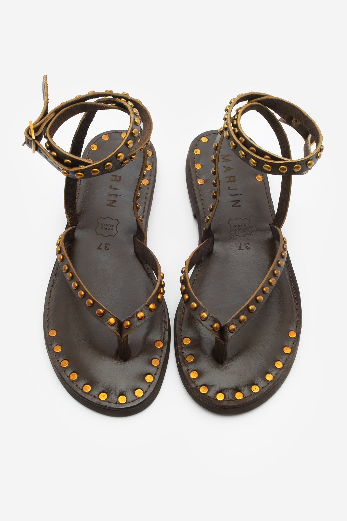 Marjin-Genuine Leather Flip Flops Ankle Strap Studded Troc Daily Sandals 6