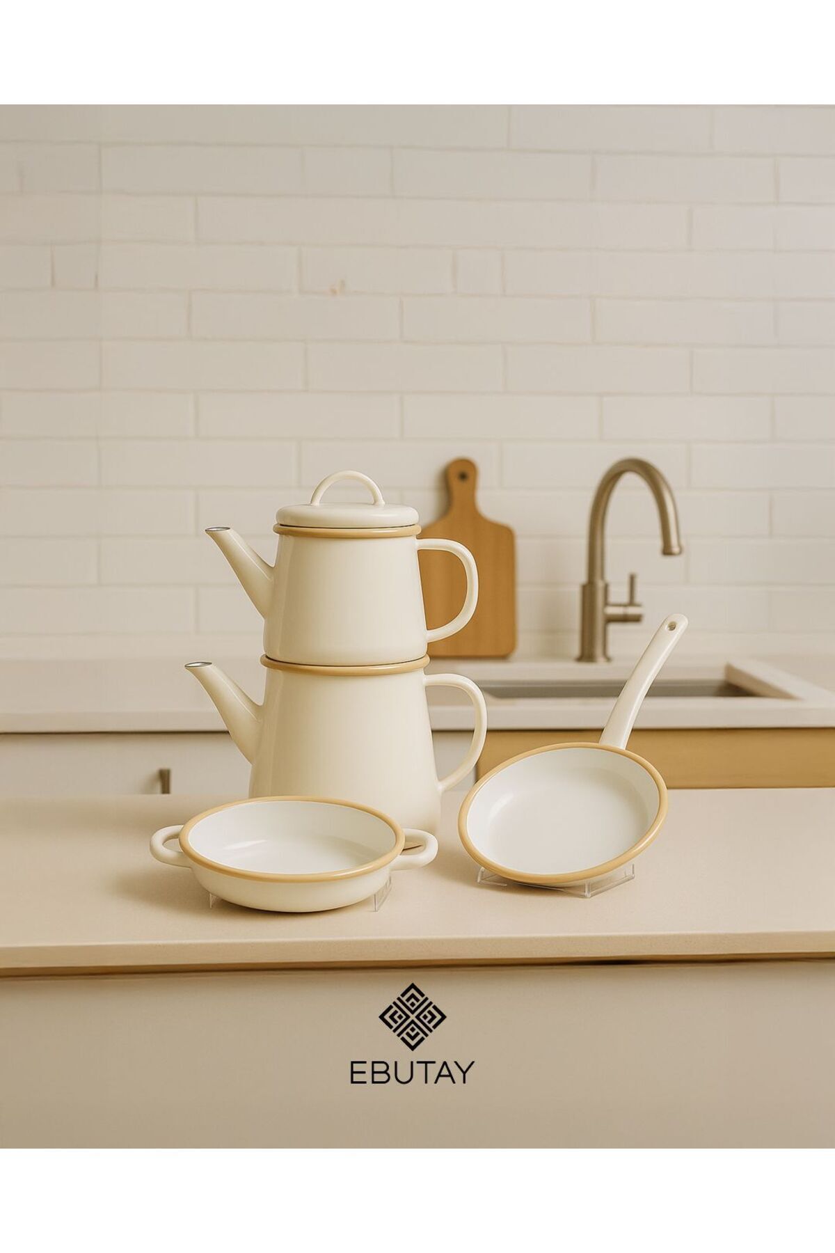EBUTAY-Crema Di Siena Enamel Teapot - Cream Sahan Set of 2 with Handles and Handle 5