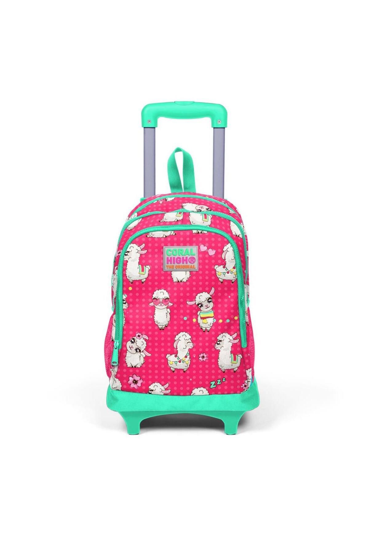 Coral High-Kids Neon Coral Alpaca Patterned Illuminated Wheeled Two-Compartment Squeegee Backpack 23364 6