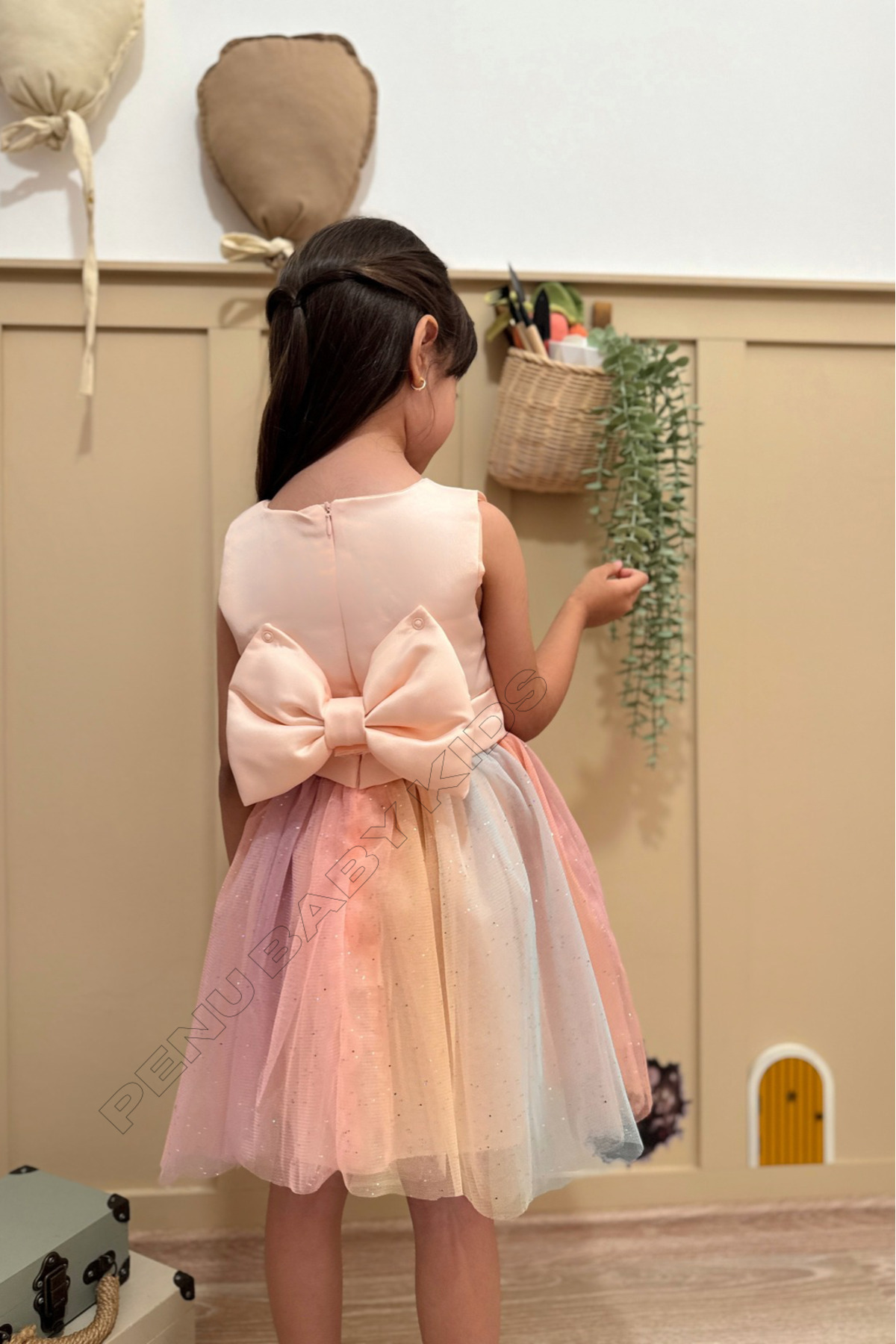 penu baby kids Somon Üstü Mat Saten Altı Renkli Etek Kız Çocuk Kız Bebek Elbise fotoğrafı 5 (önizleme)