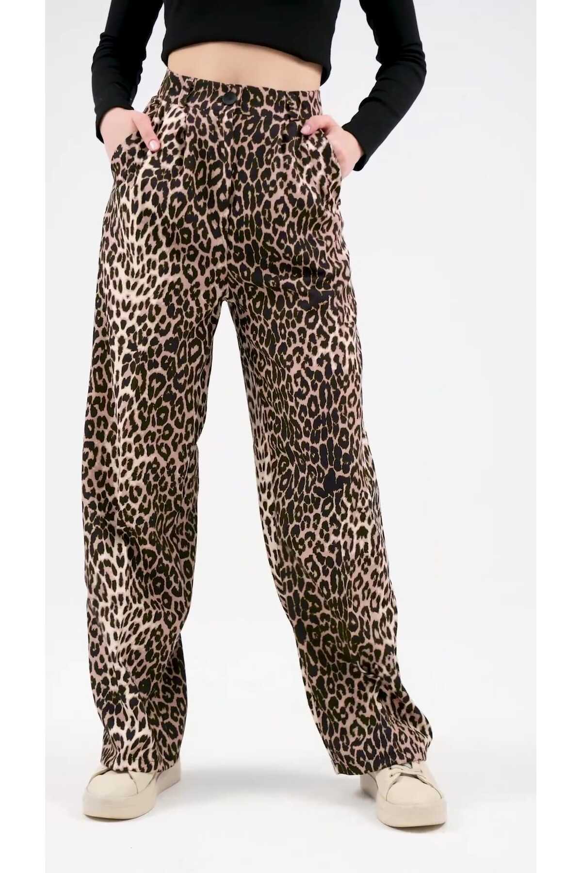 Women's Leopard Patterned High Waist Wide Leg Palazzo Pants