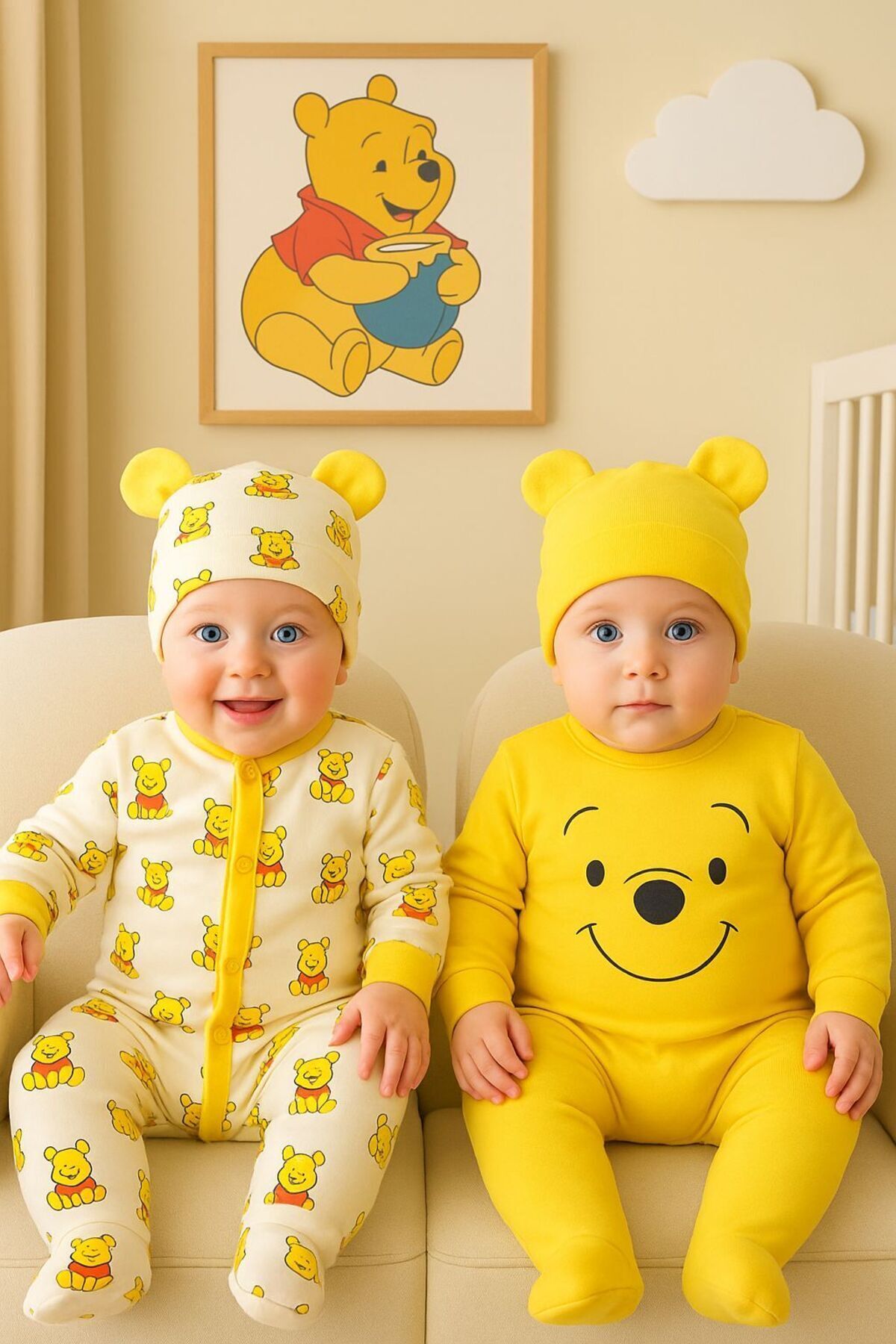 miniyou Ayıcık Baskı Desenli 2 Li Şapkalı Yeni Doğan Bebek Tulum Set My-1062MC fotoğrafı 2 (önizleme)