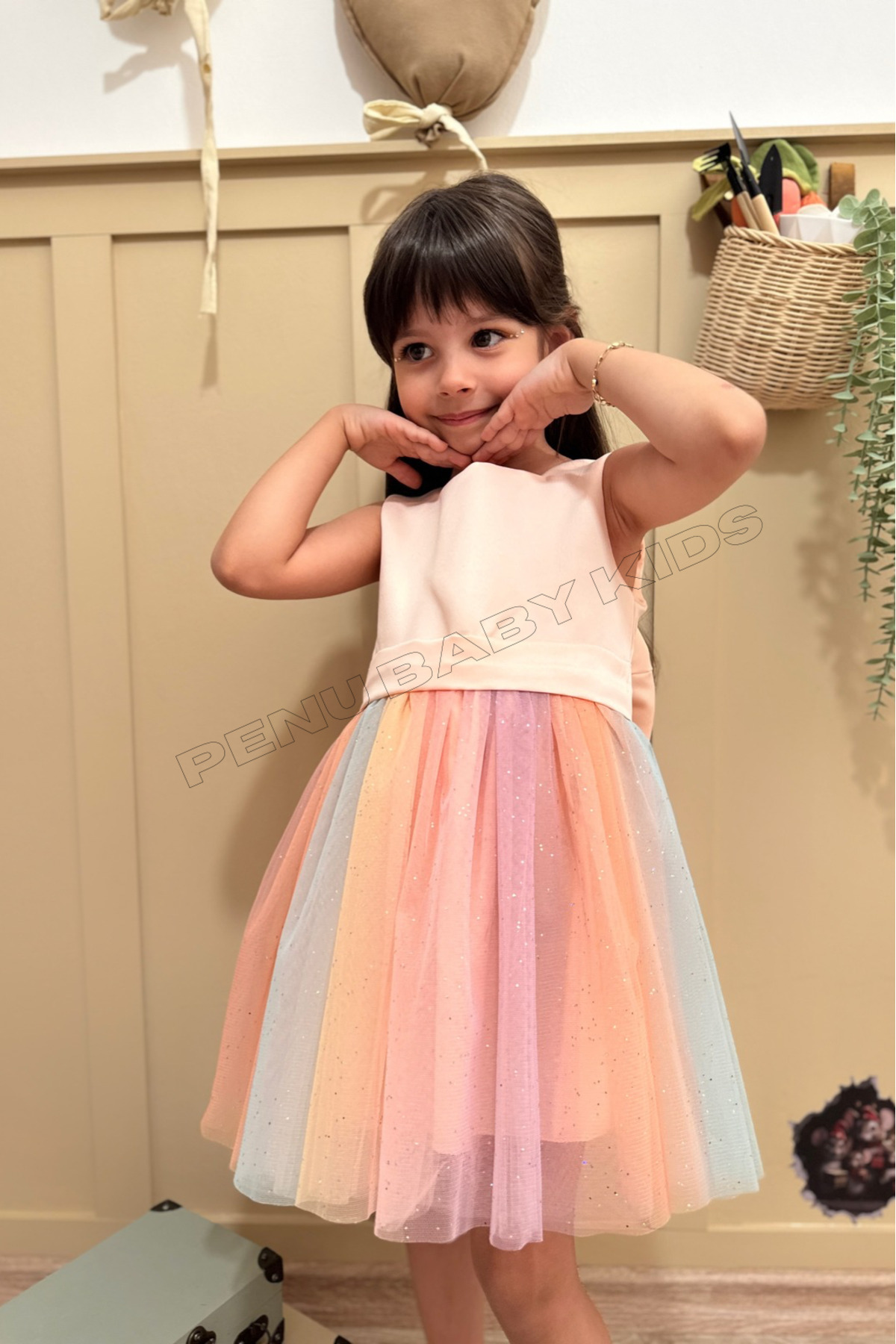 penu baby kids Somon Üstü Mat Saten Altı Renkli Etek Kız Çocuk Kız Bebek Elbise fotoğrafı 7 (önizleme)