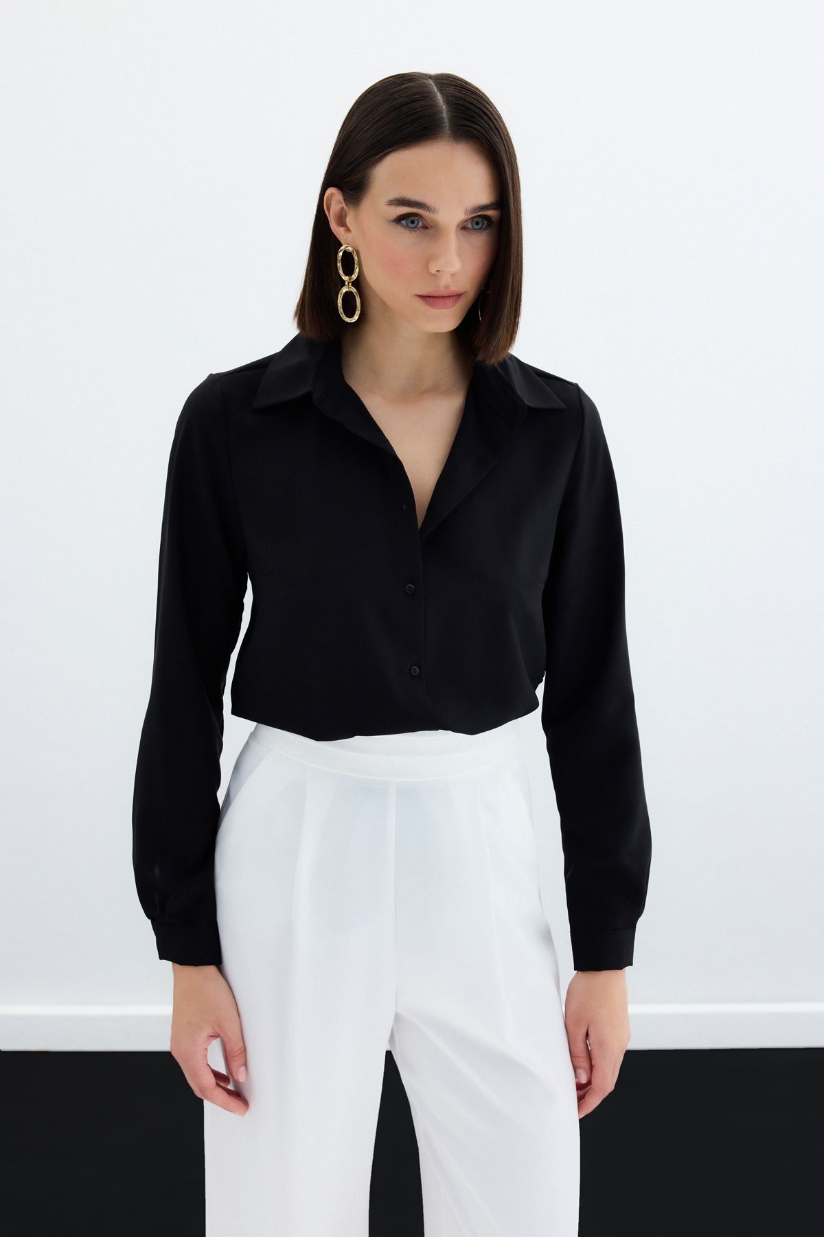 Sateen-Černá obyčejná klasická košile 2