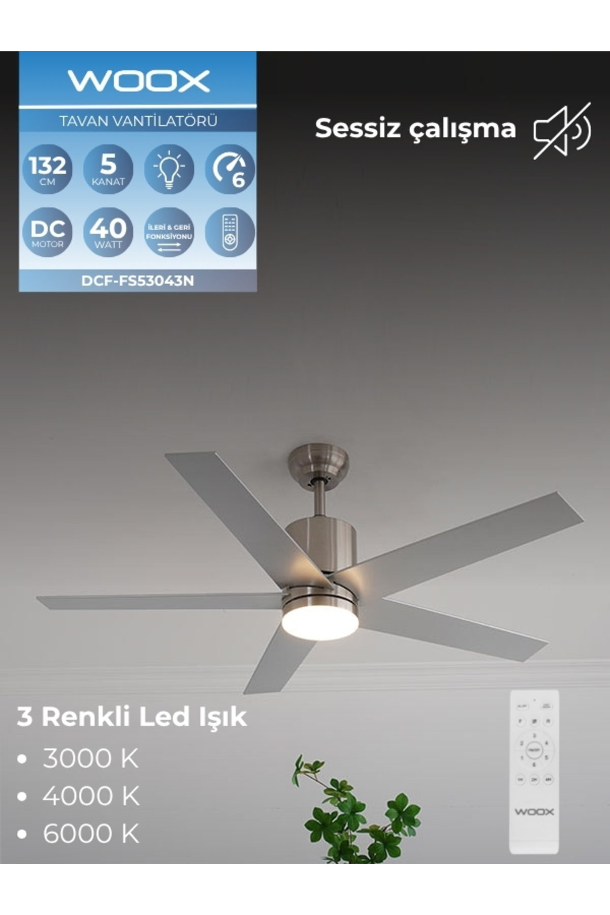 Forward-Backward 5-Wing Illuminated Remote Controlled, 6 Speed Range Ceiling Fan, Quiet Operation