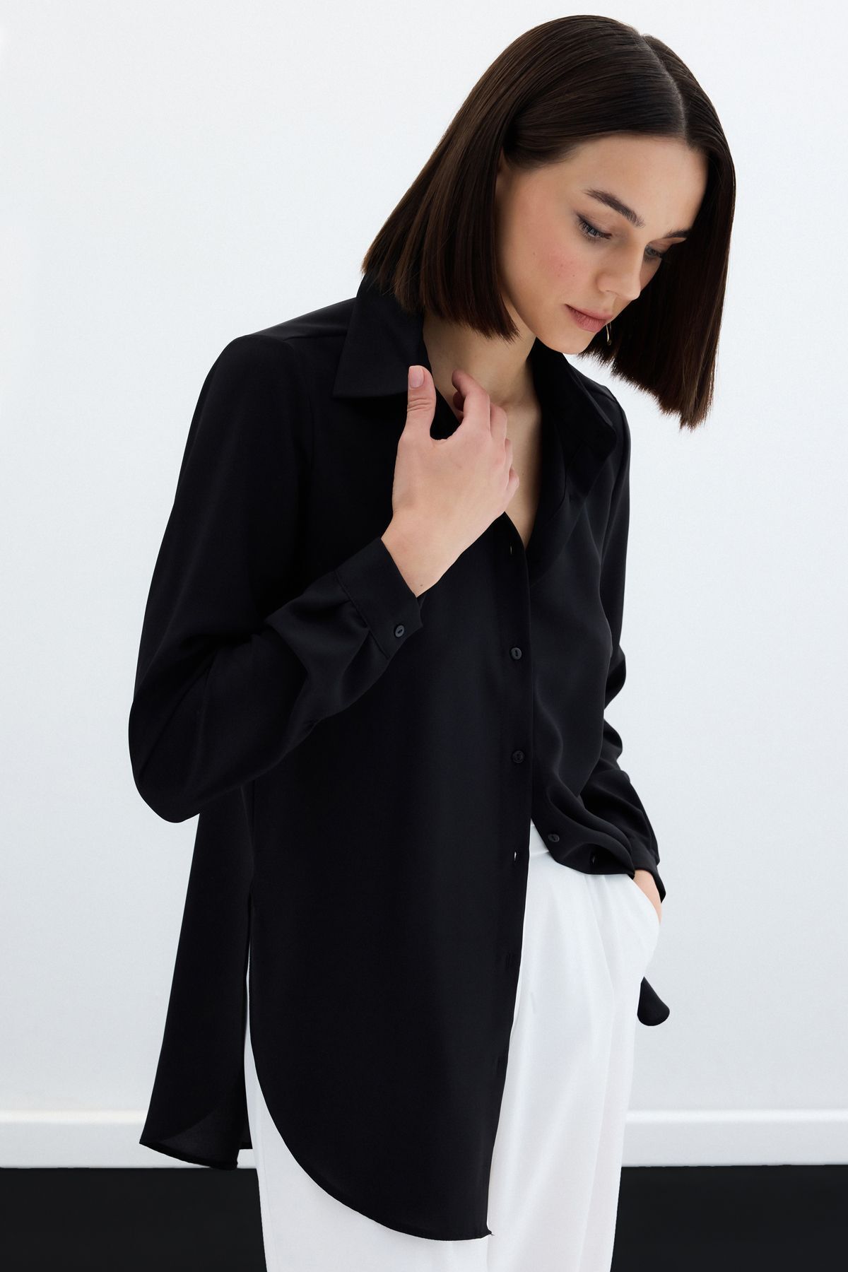 Sateen-Černá obyčejná klasická košile 3