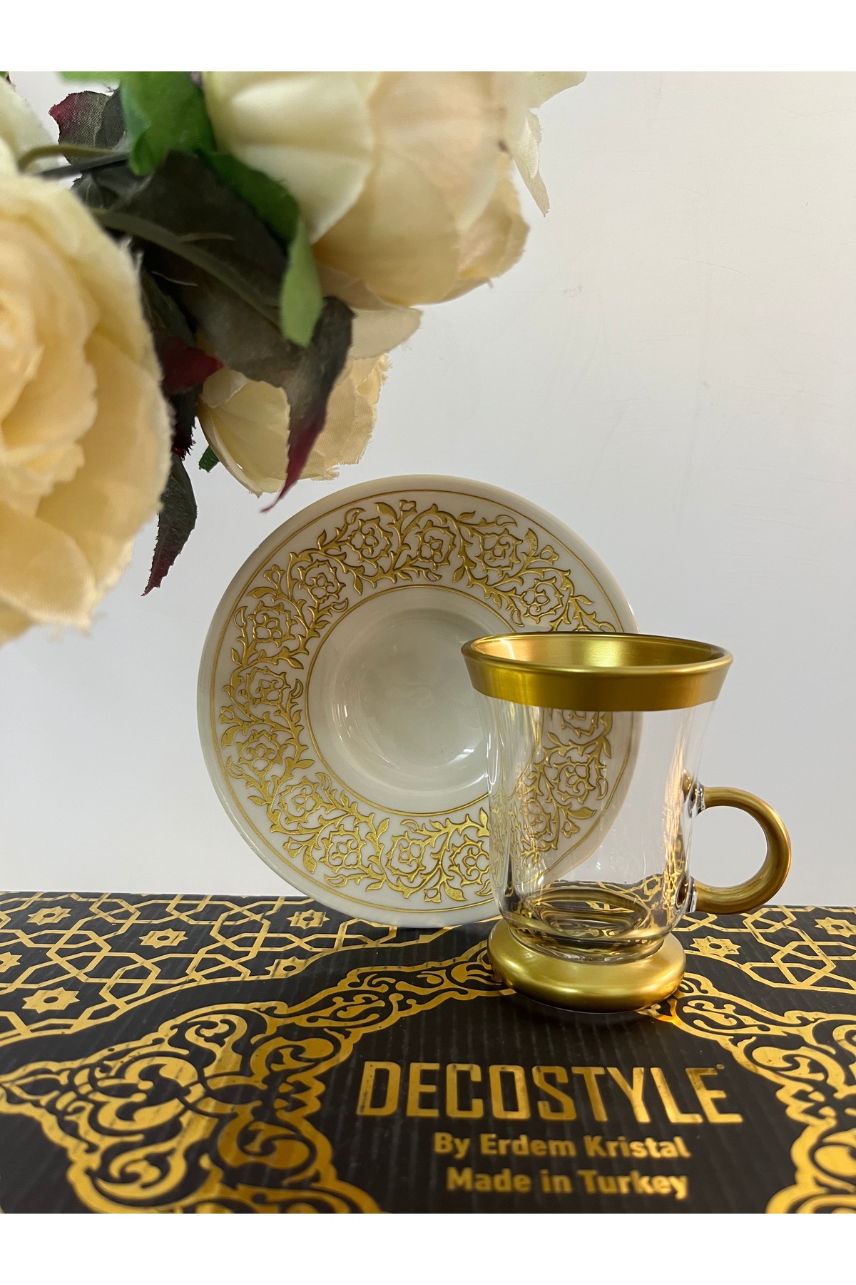 DECOSTYLE Bahar Gold Desenli Porselen Tabaklı 12 Parça Kulplu Çay ...