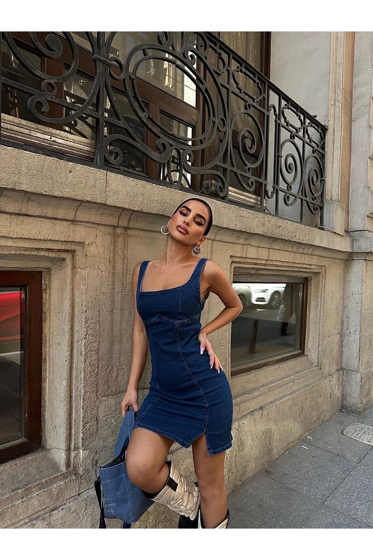 Back Slit Zipper Thick Strap Denim Dress Denim Mini Dress