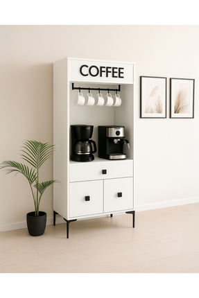 GeKa Mobilya Beyaz Modern Kahve Köşesi – Raflı ve Bardak Askılı