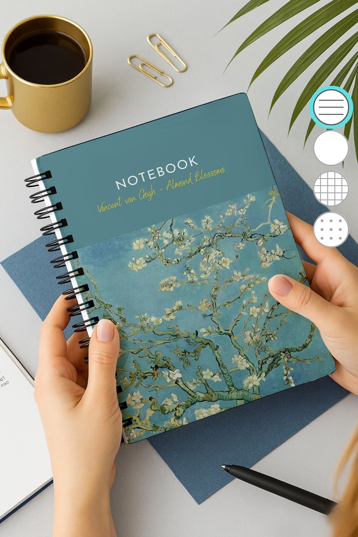 Eldesen Tasarım-A5 Spiral Thick Cover Lined Notepad, 80 Sheets 160 Pages, Van Gogh 1