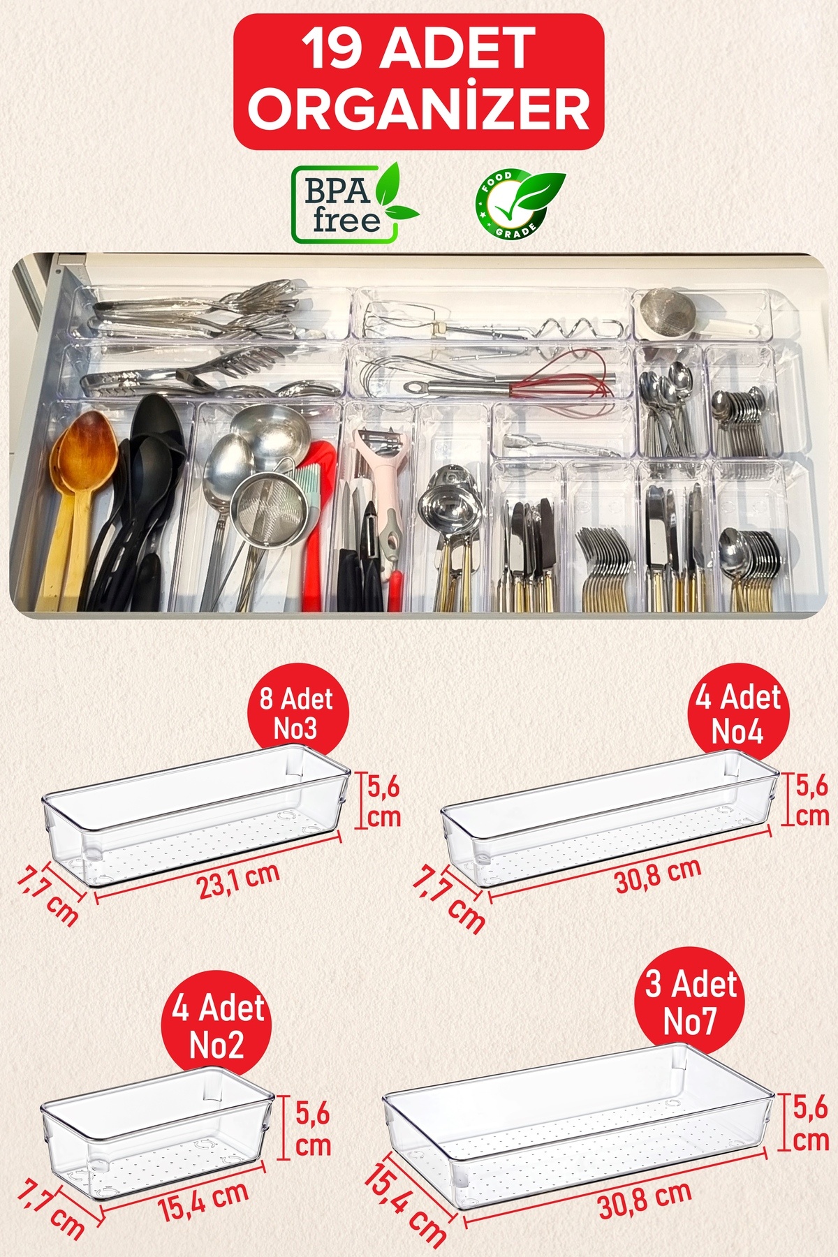 color house 19 Adet Kaşıklık Kepçelik Organizer Modüler Çekmece Içi Düzenleyici