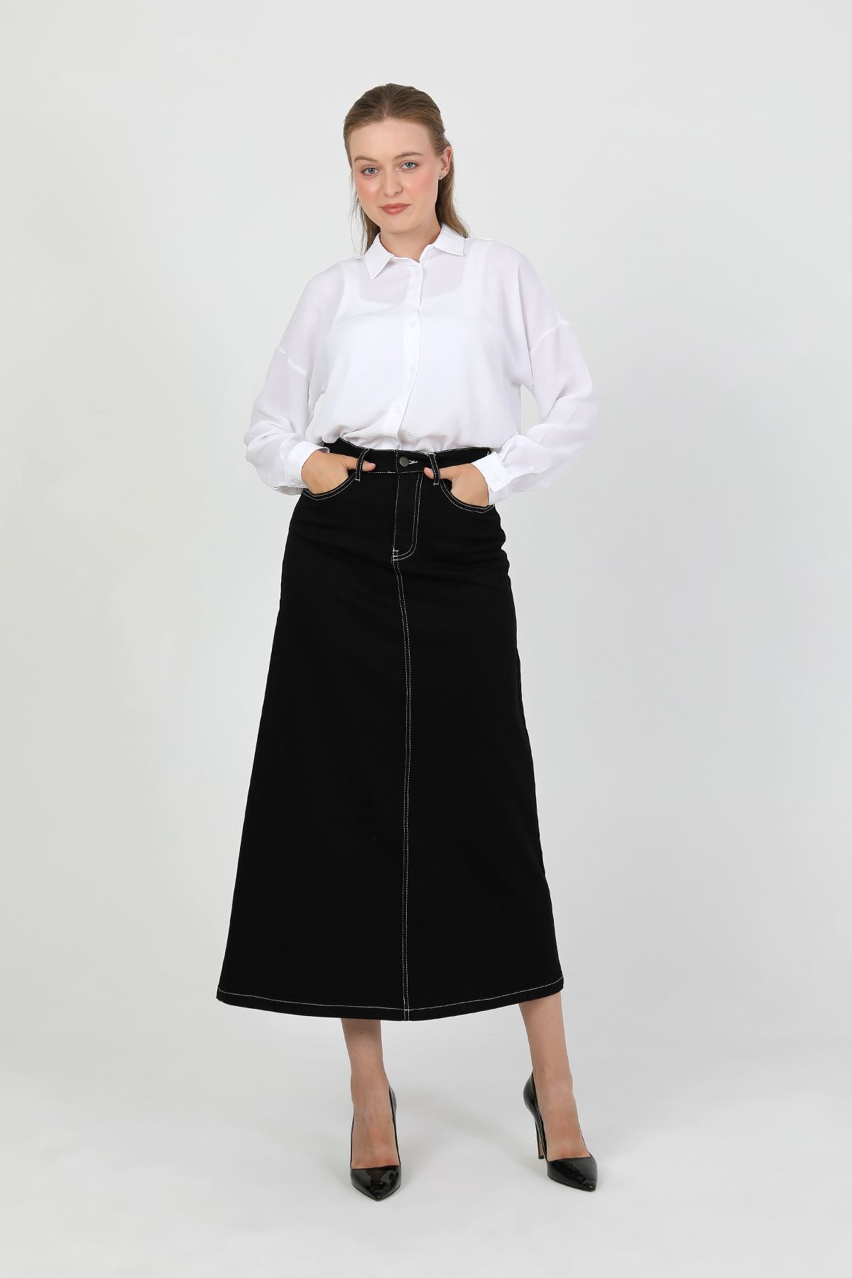 VELLICHOR  Doğal Kumaşlı Kontrast Dikişli Kot Etek Siyah - Görsel 4