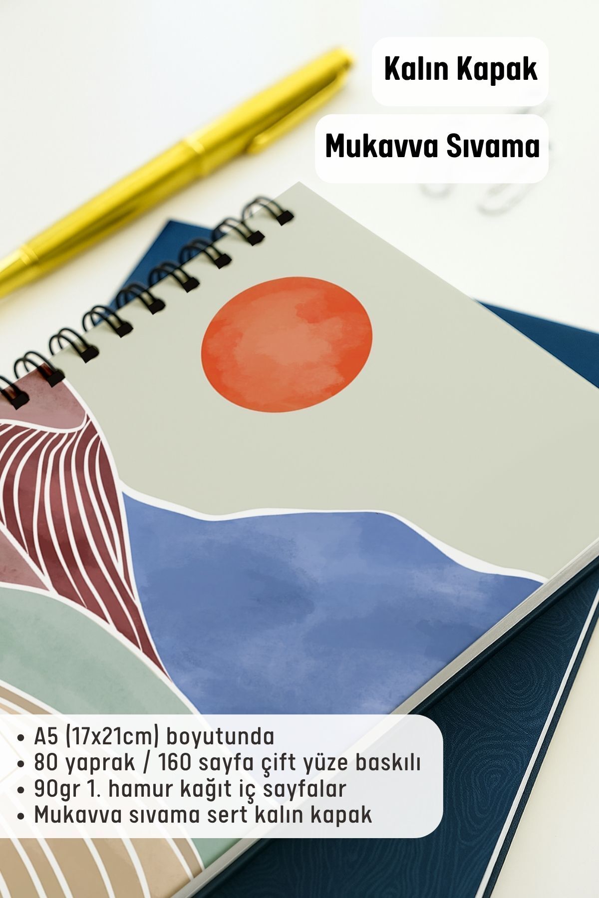 Eldesen Tasarım-A5 Spiral Thick Cover Checkered Notepad, 80 Sheets 160 Pages, Orange Boholo 2