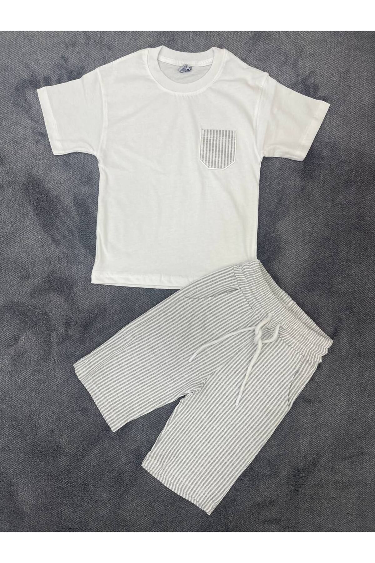 ERDEM KIDS-Boys Basic T-Shirt Shorts Striped Capris Summer 2-Piece Set 5