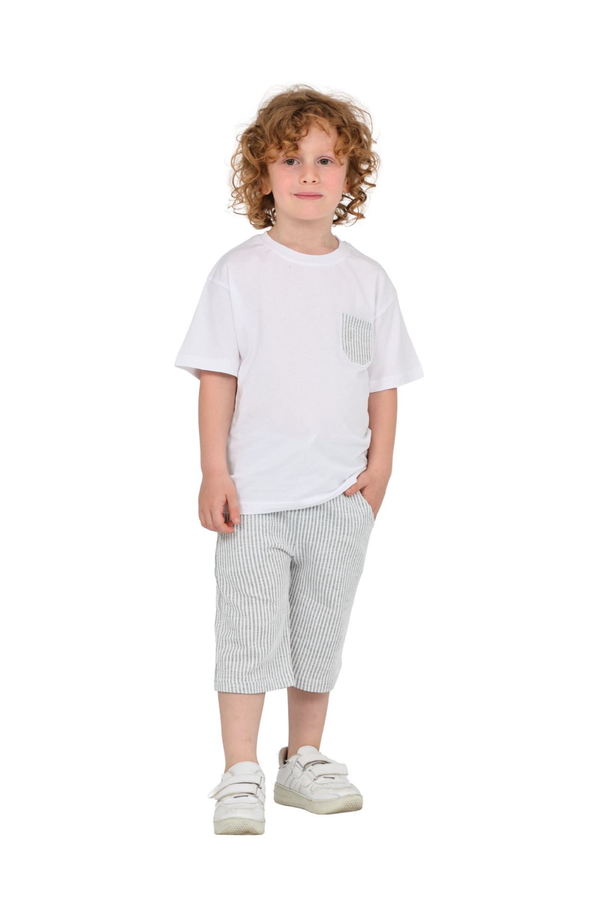 ERDEM KIDS-Boys Basic T-Shirt Shorts Striped Capris Summer 2-Piece Set 1