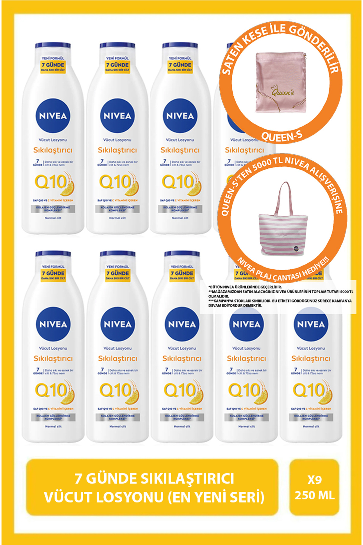 NIVEA Q10 7 Günde Sıkılaştırıcı Vücut Losyonu 250ml,C Vitamini, Nemlendirici, Esnek Ve Elastik Cilt X9Adet