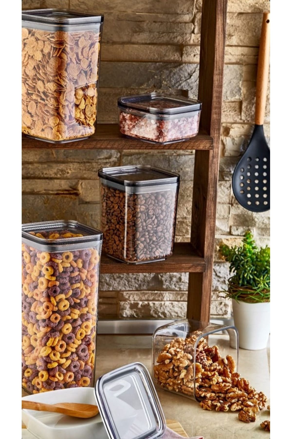 Stile Cucina-Set of 5 Vacuum Sealed Square Food, Flour, Pulses Storage Containers - 1X700 ml - 2X1000 ml - 1X1400 ml - 1X2100 ml 2