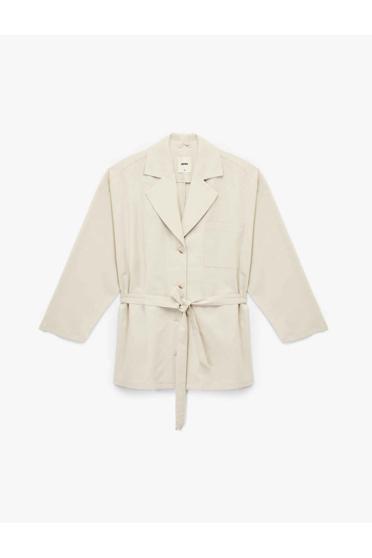 Koton-Long Sleeve Buttoned Belted Pocket Detailed Linen Oversize Jacket 3