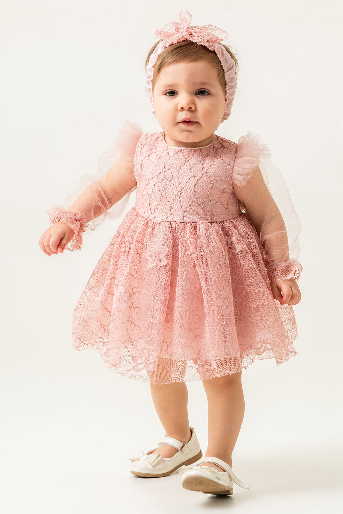 Eray Kids Kız Bebek Abiye Elbise Bandana Hediyeli Kolları Tül Dantelli Düğün Mevlit Doğum Günü 9-24 Aylık fotoğrafı 4 (önizleme)