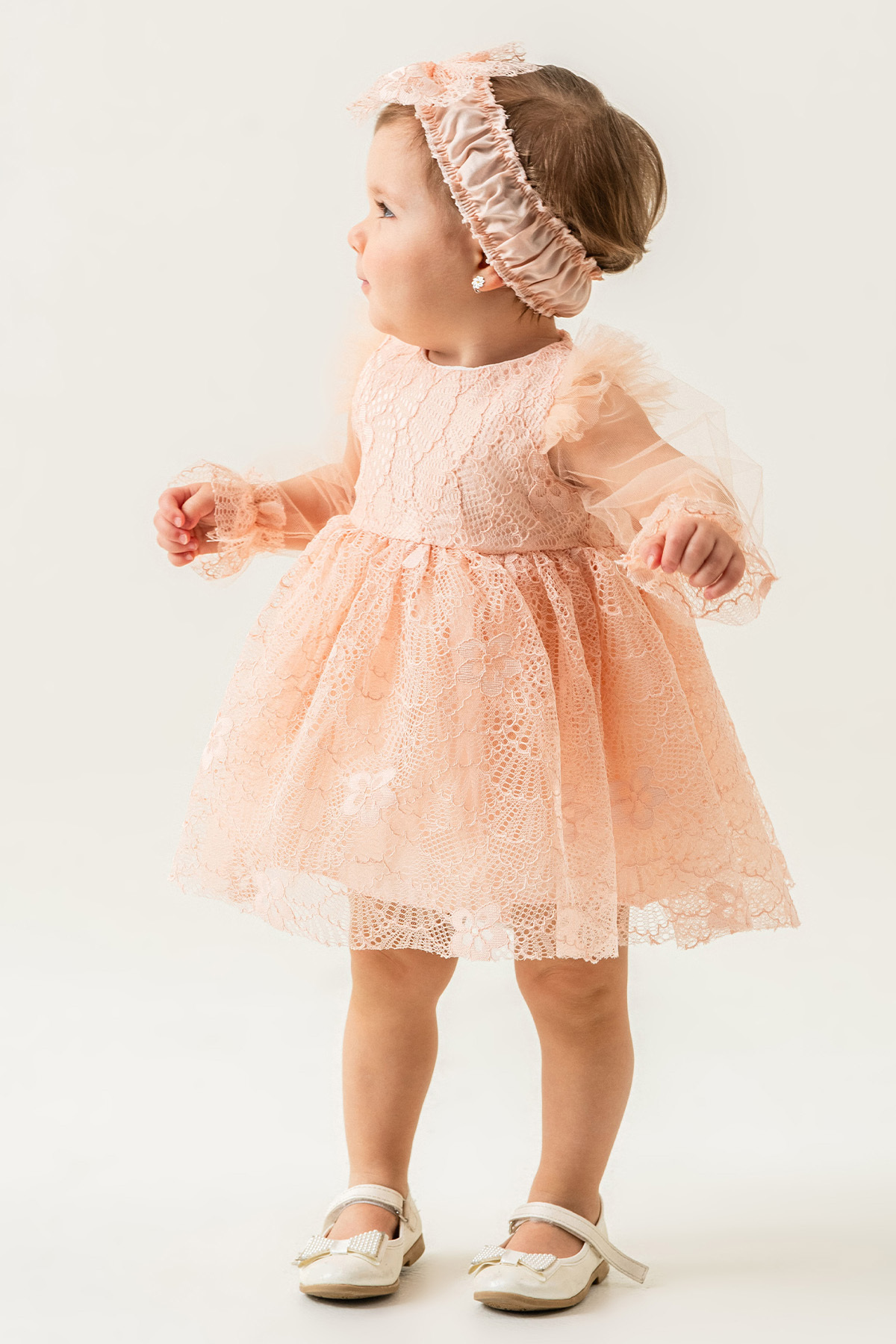 Eray Kids Kız Bebek Abiye Elbise Bandana Hediyeli Kolları Tül Dantelli Düğün Mevlit Doğum Günü 9-24 Aylık fotoğrafı 4 (önizleme)