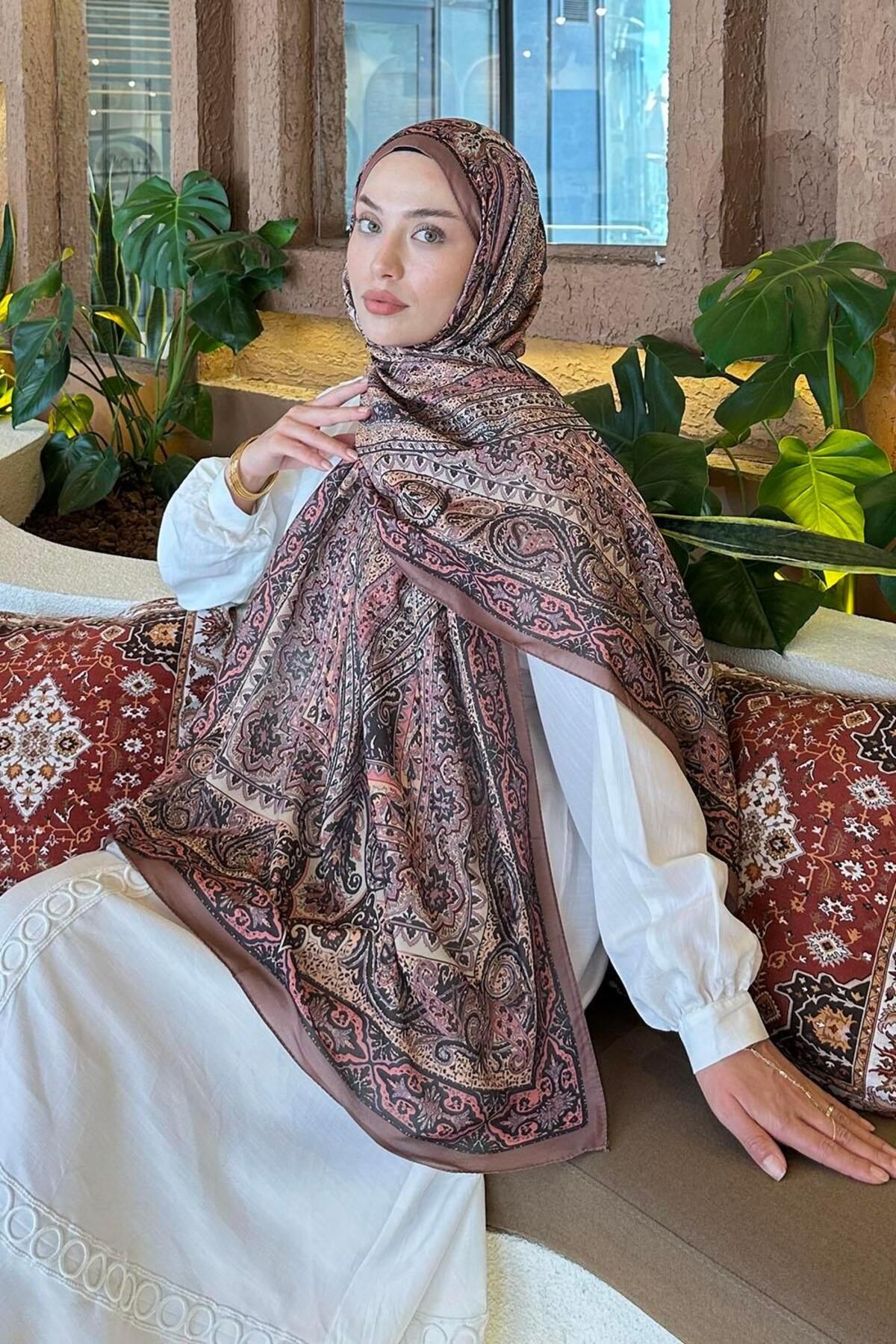 lamelif.com-Ретро памучен шал в цвят кафе с мляко 3