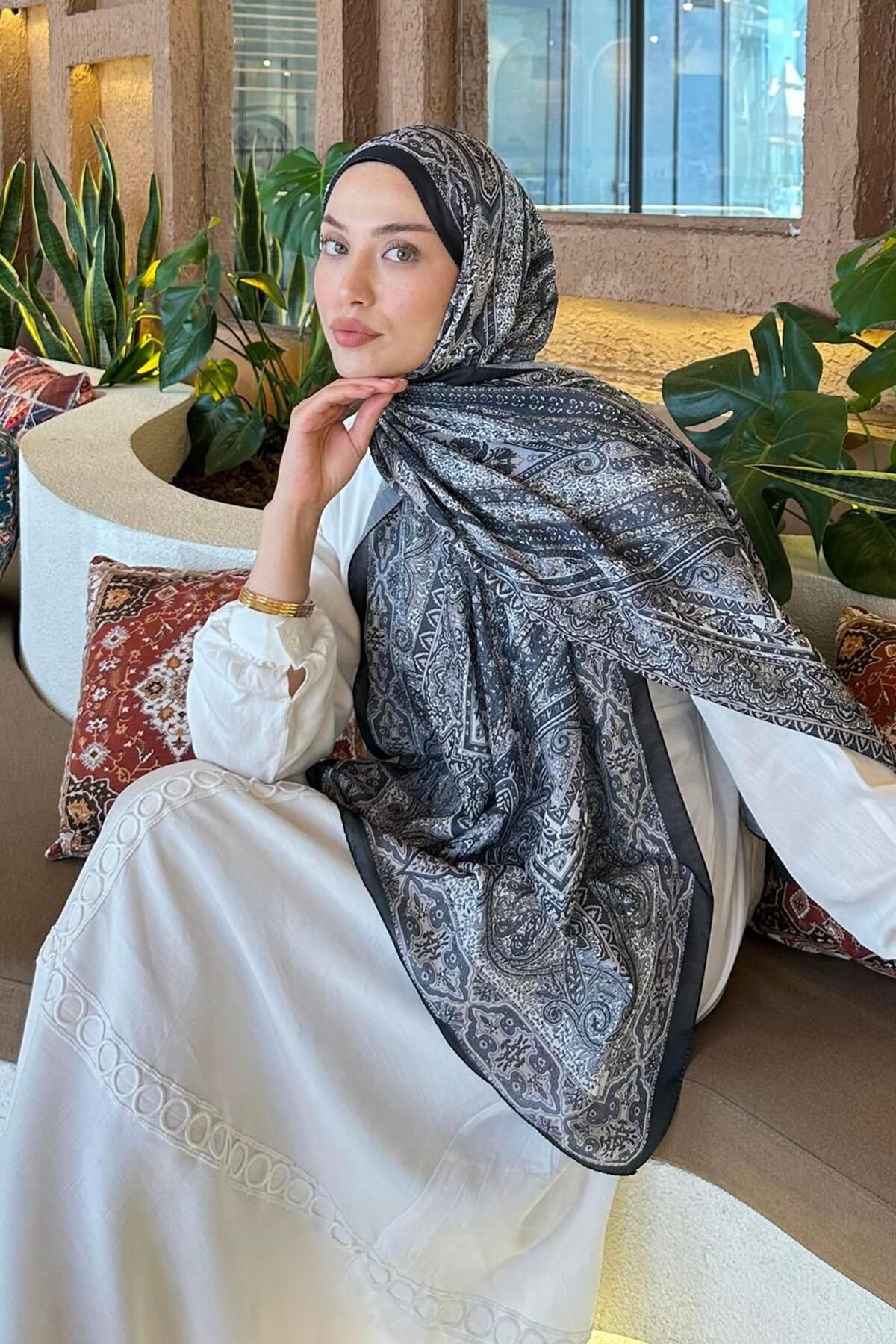 lamelif.com-شال قطني منقوش باللون الأسود 2