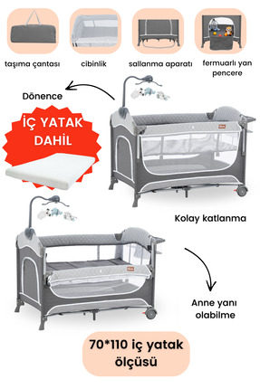 Gulz Atlas Plus Anne Yanı Sallanır Dönenceli Oyun Parkı Bebek Beşik 70x110 Cm...