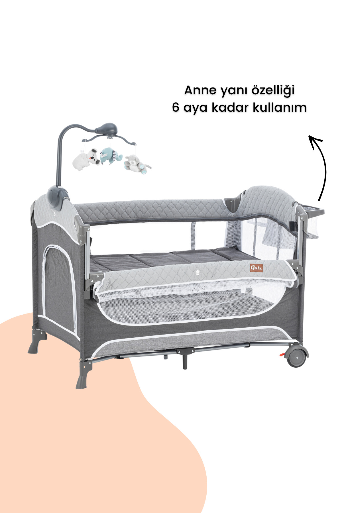 Gulz Atlas Plus Anne Yanı Sallanır Dönenceli Oyun Parkı Bebek Beşik 70x110 Cm Yataklı Dark Grey fotoğrafı 4 (önizleme)