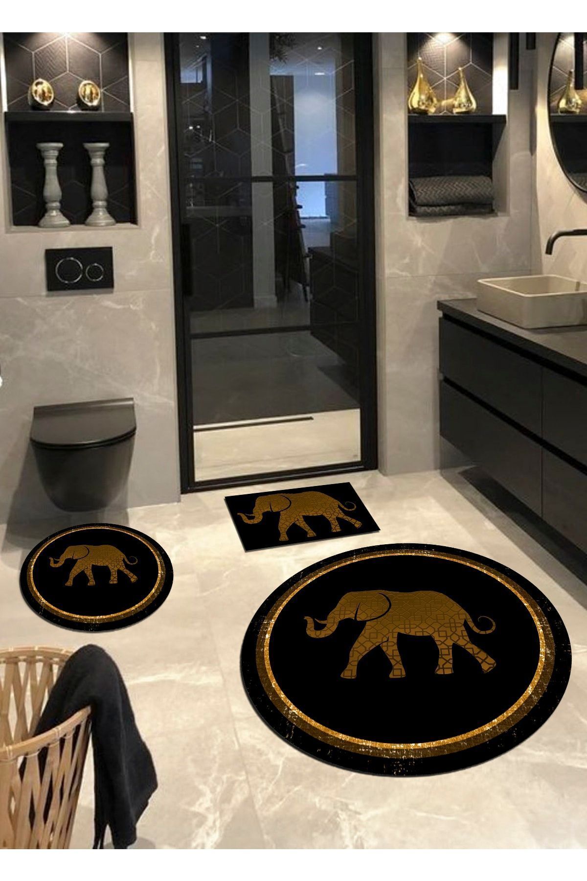 Elephant Non-Slip, Non-Slip Base 3-Piece Round Bathroom Rug, Bath Mat (100x100-60X60-40X60 CM SET OF 3)